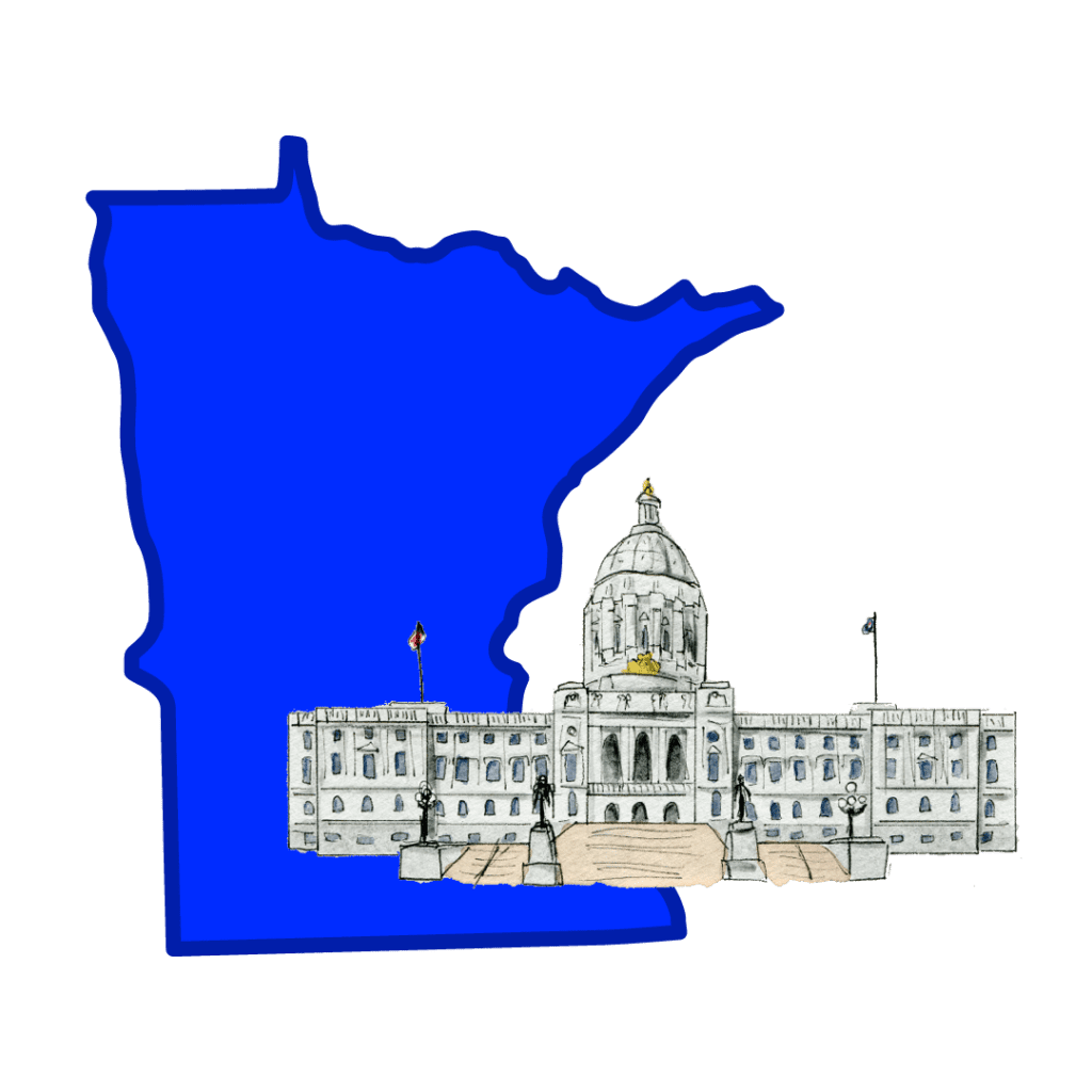 A drawing of the Minnesota capitol in front of a drawing of Minnesota's borders in blue.