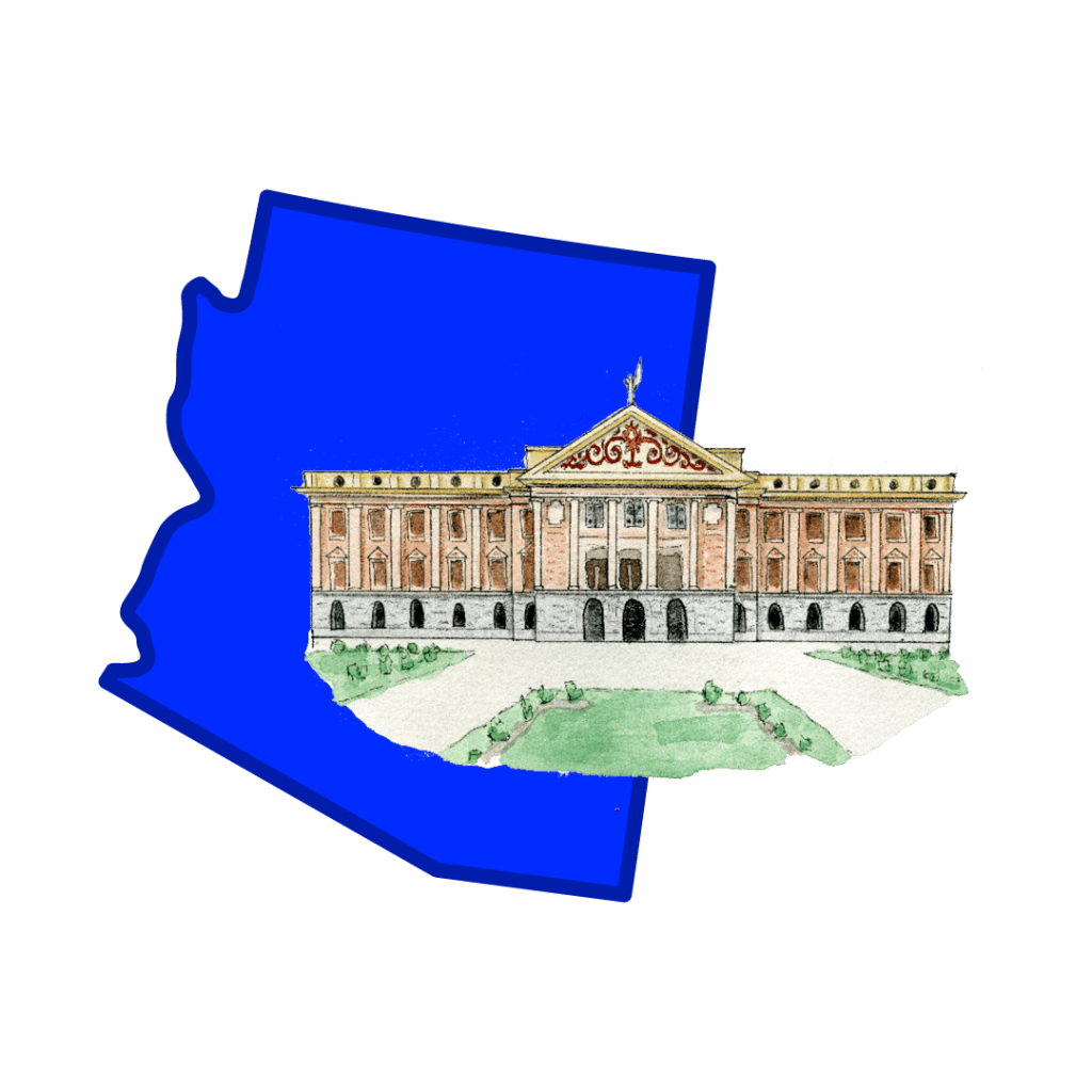 A drawing of the Arizona Statehouse on top of a blue drawing of Arizona