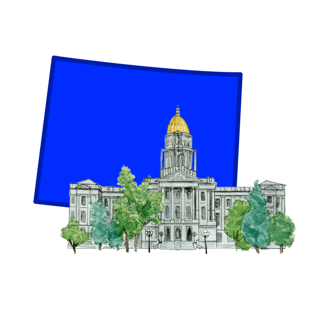 A drawing of the Colorado Statehouse on top of a drawing of the Colorado border in blue