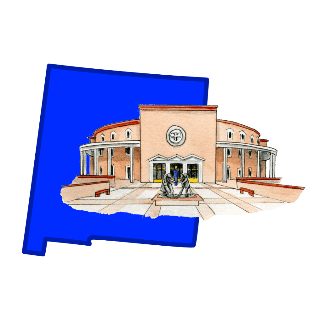 A drawing of New Mexico's Capitol in front of New Mexico's borders in blue.