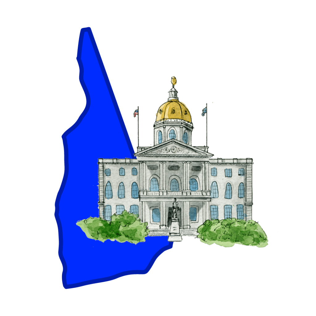 A drawing of New Hampshire's capitol in front of New Hampshire's borders in blue.