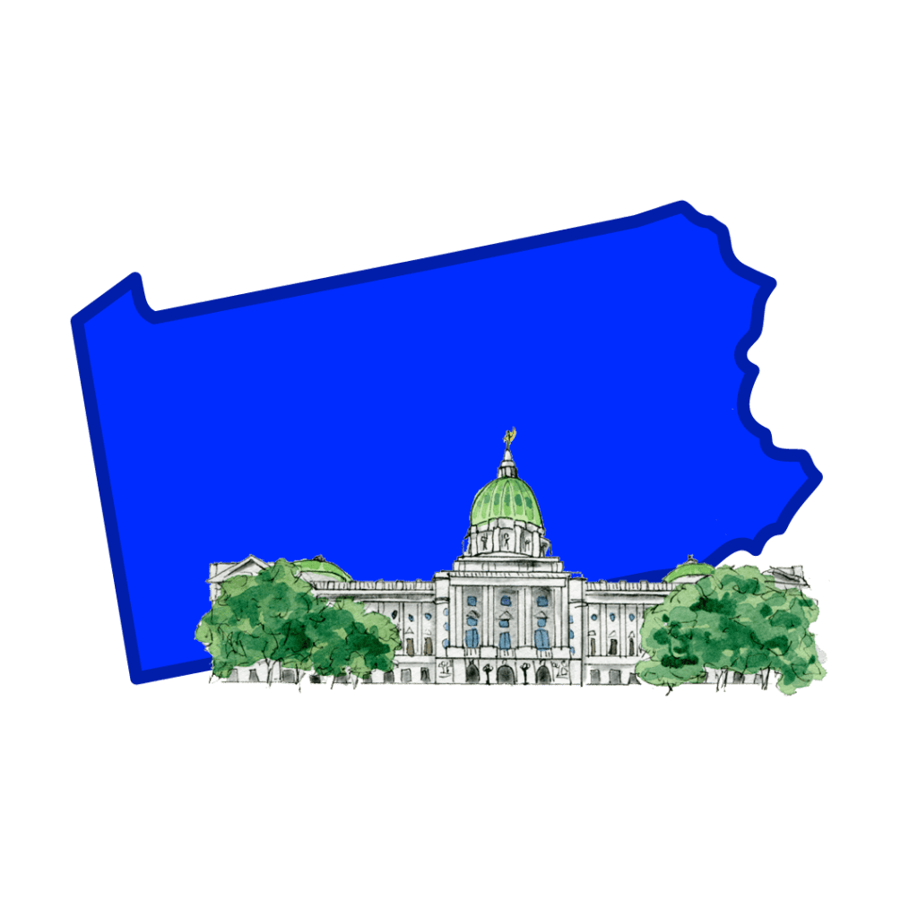 A drawing of the Pennsylvania Statehouse on top of a blue drawing of Pennsylvania