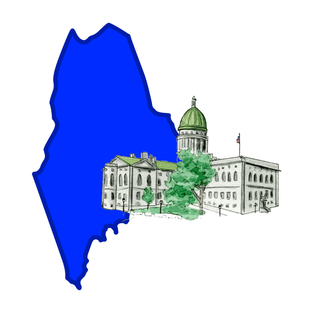 A drawing of the Maine statehouse on top of the border of a drawing of Maine's borders in blue