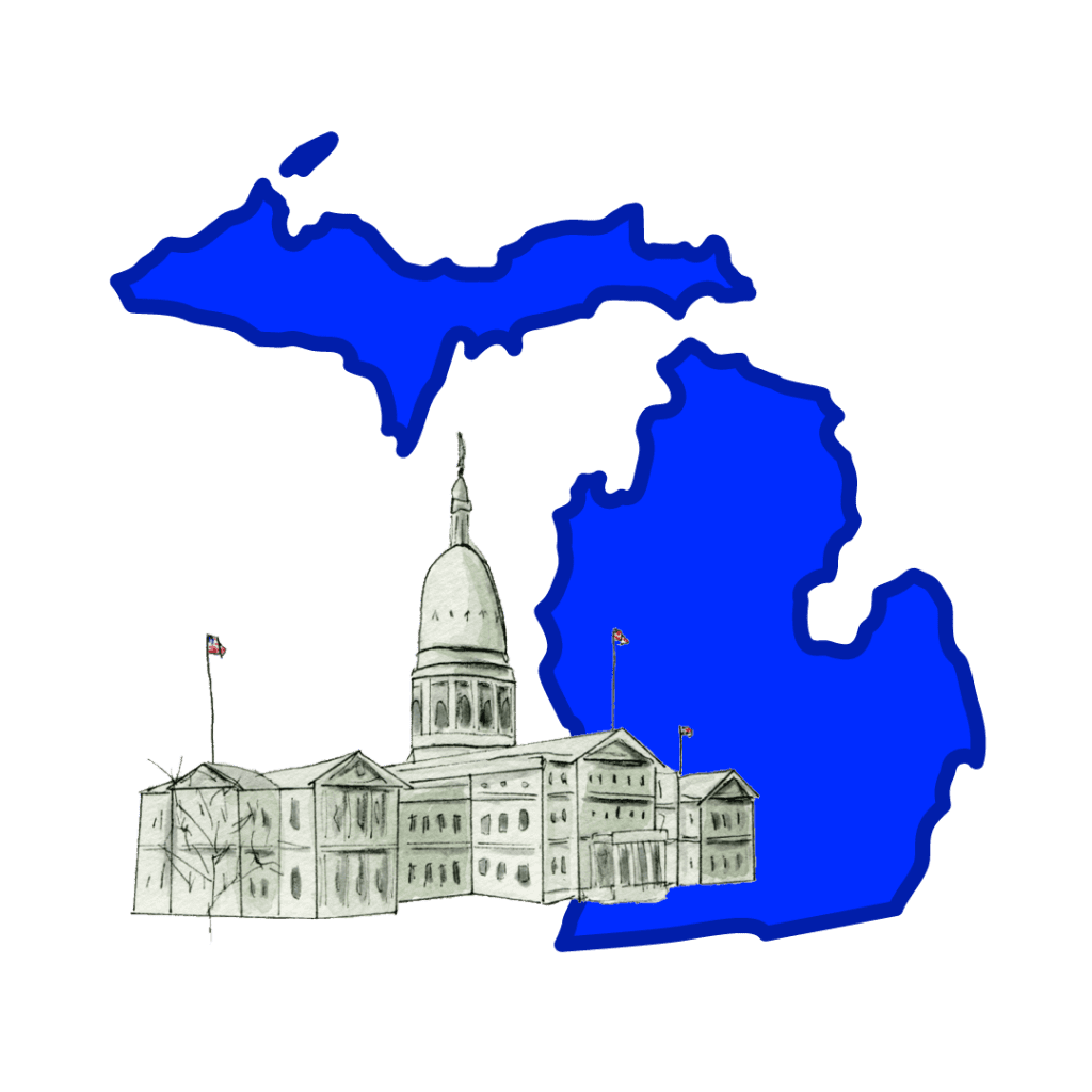 A drawing of Michigan's Capitol in front of Michigan's borders in blue.