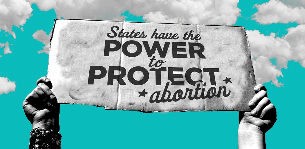 States Have the Power to Protect Abortion reads a hand held sign against a blue sky with white clouds.