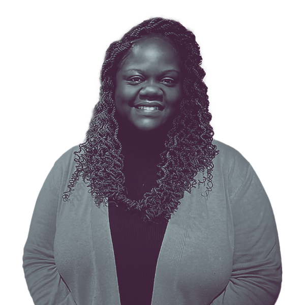 A black and white image of Lea Webb of New York Senate district fifty-two from the waist up smiling and looking into the camera.