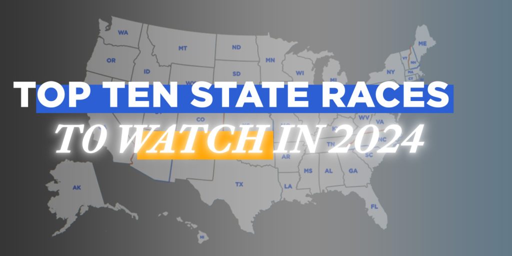 Two lines of text reading Top Ten States Races to Watch in 2024. The text is accented with blue and yellow color blocks. Behind the text is a grey map of the United States over a grey gradient background.