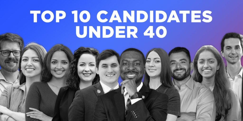 a row of black and white portraits of the DLCC's top ten candidates under forty under bold white text that reads 