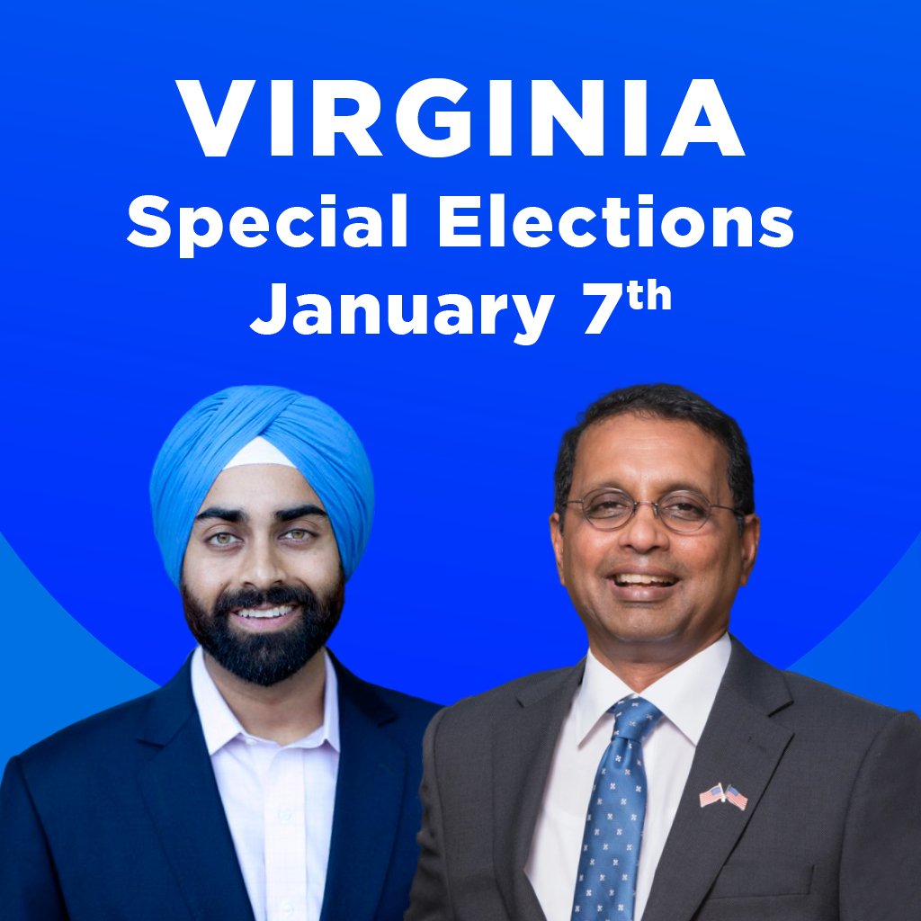 Side by side portraits of JJ Singh, candidate for Virginia HD-26 and Del. Kannan Srinivasan, candidate for Virginia SD-32 in front of a blue background. above the candidate portraits is white text reading 