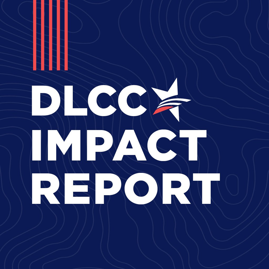 The DLCC logo over white text reading Impact Report in front of a navy blue background. A small color accent consisting of four vertical lines is positioned in the top left corner of the image.