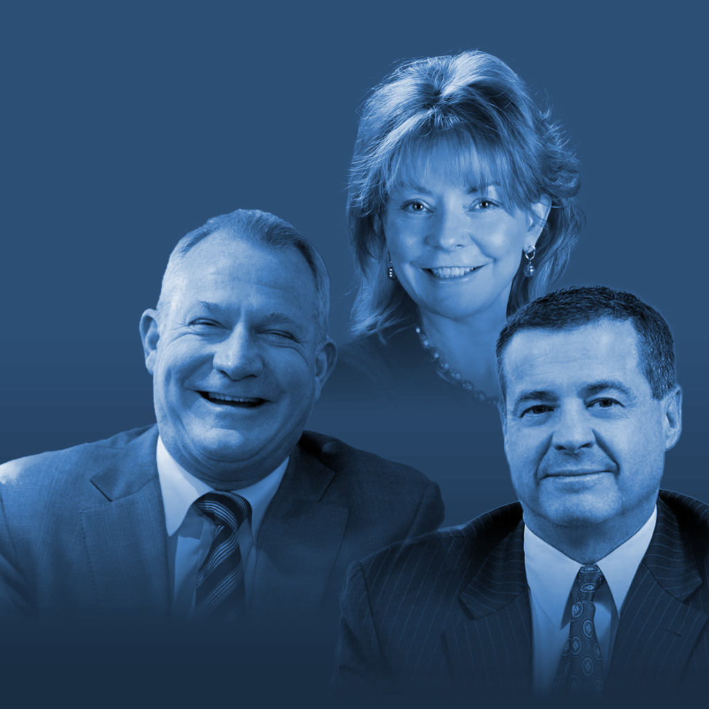 Shoulder-up portraits of Pennsylvania Supreme Court candidates, Justices Christine Donohue, Kevin Dougherty, and David Wecht. The candidates are in front of a blue background and the entire image has a blue overlay.