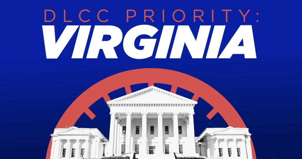 Red and white text reading "DLCC Priority: Virginia" above an image of the Virginia state capitol building. Behind the building is a graphic designed to look like a red speedometer. The image background is blue.