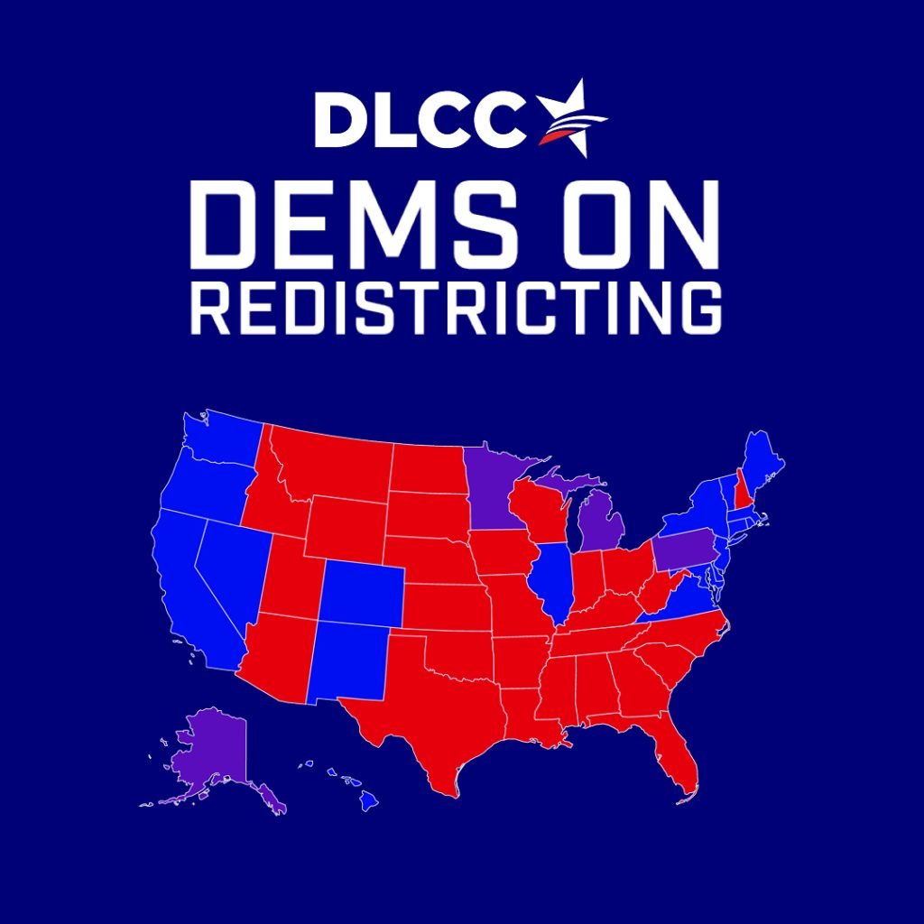 a square image with a blue background showing a map of the United States with each state color-coded according to which party controls its legislature. Above the map is a DLCC logo and white text reading 