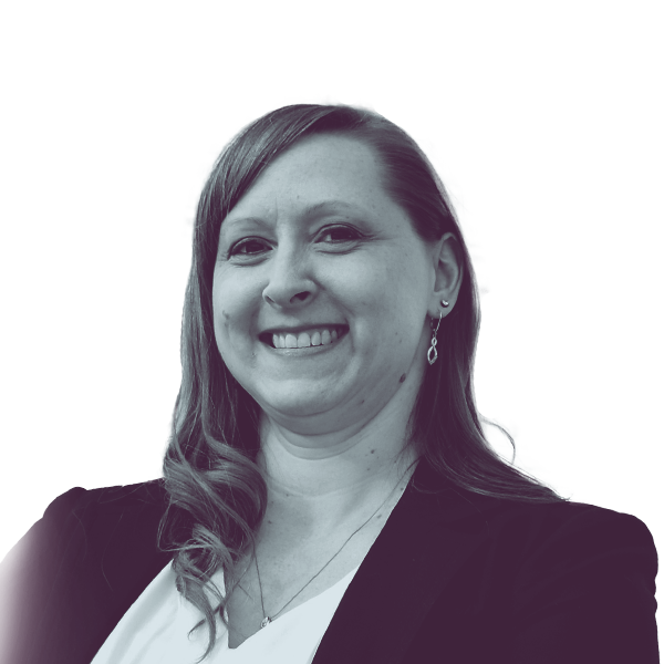 A black and white portrait ofAmanda Hemmingsen-Jaeger, Democratic candidate for Minnesota House District 47, smiling and looking into the camera.
