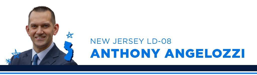 A portrait of Anthony Angelozzi, Democratic candidate for New Jersey Assembly District 8, smiling and looking into the camera. Next to the candidate is blue text showing their name, state, and district.