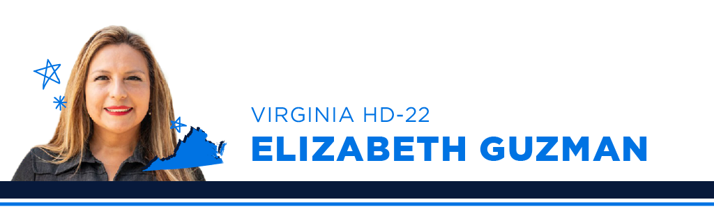 A portrait of Elizabeth Guzman, Democratic candidate for Virginia House District 22, smiling and looking into the camera. Next to the candidate is blue text showing their name, state, and district.