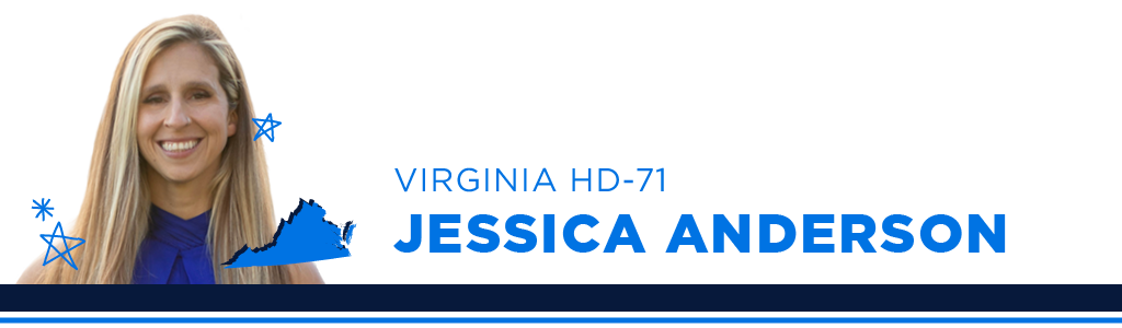 A portrait of Jessica Anderson, Democratic candidate for Virginia House District 71, smiling and looking into the camera. Next to the candidate is blue text showing their name, state, and district.