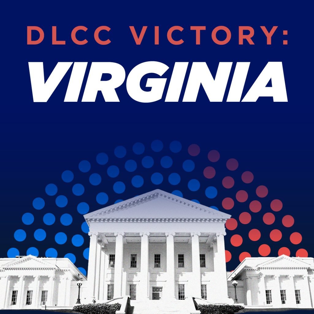 a graphic of the Virginia state capitol building in front of a representation of the Democratic majority in the House of Delegates, represented by blue and red dots. Above the graphic is text reading 