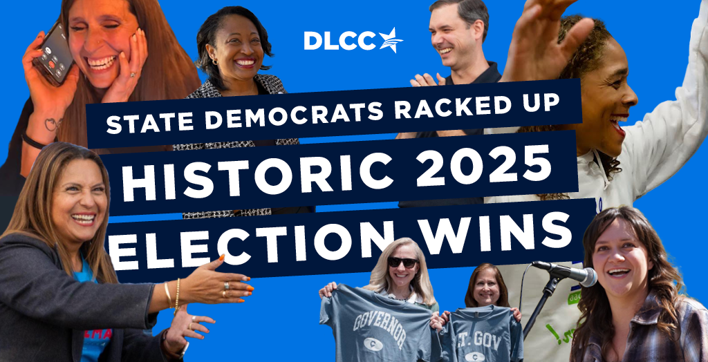 a collage image of various winning Democratic candidates from 2025 behind a small DLCC logo and text reading 