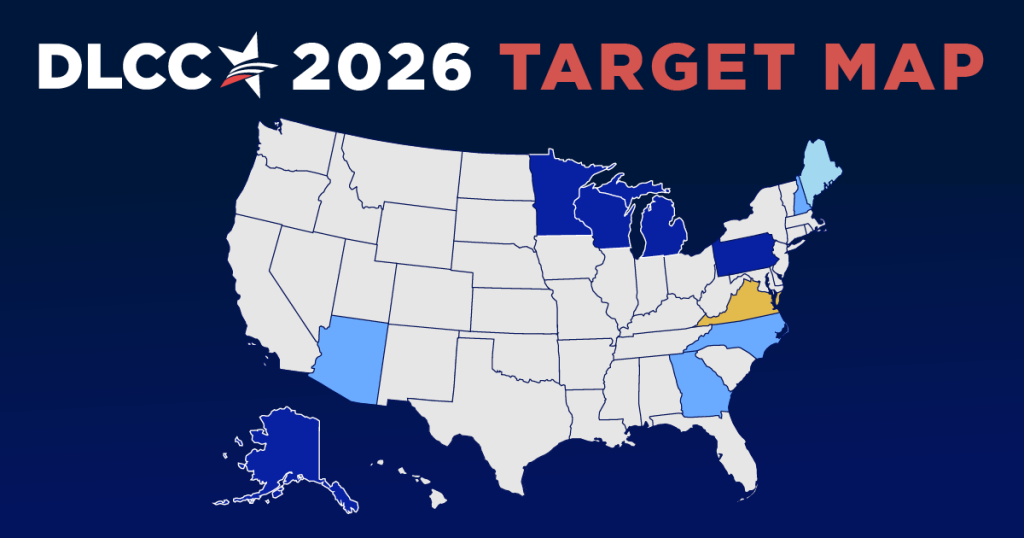 A graphic of the United States map highlighting the DLCC's 2026 target states. Over the image is text reading "DLCC 2026 Target Map"