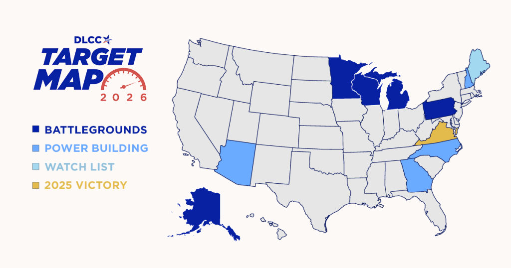 A graphic of a map of the United States with the DLCC's 2026 target states highlighted. to the left of the map is text reading "DLCC Target Map" and a key for reading the map.