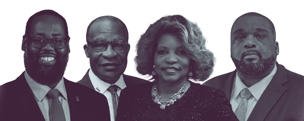 Black and white portraits of winning Mississippi DLCC Spotlight candidates, Reginald Jackson, Johnny DuPree, Theresa Gillespie Isom, and Justin Crosby.